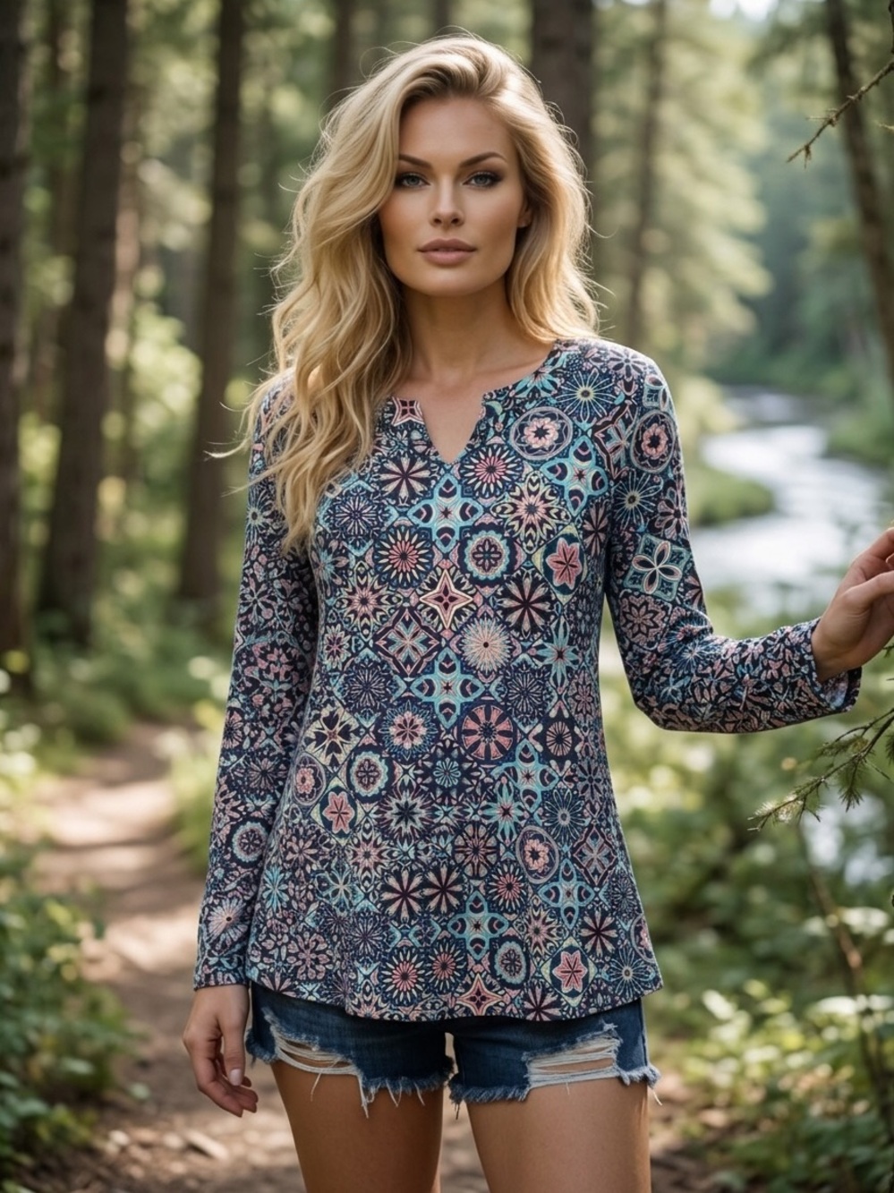 Emery Rose Multicolor Floral Print Long Sleeve Blouse Size Small